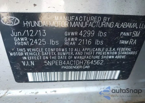 2013 Hyundai Sonata Gls из США, поврежденный, VIN 5NPEB4AC1DH764562